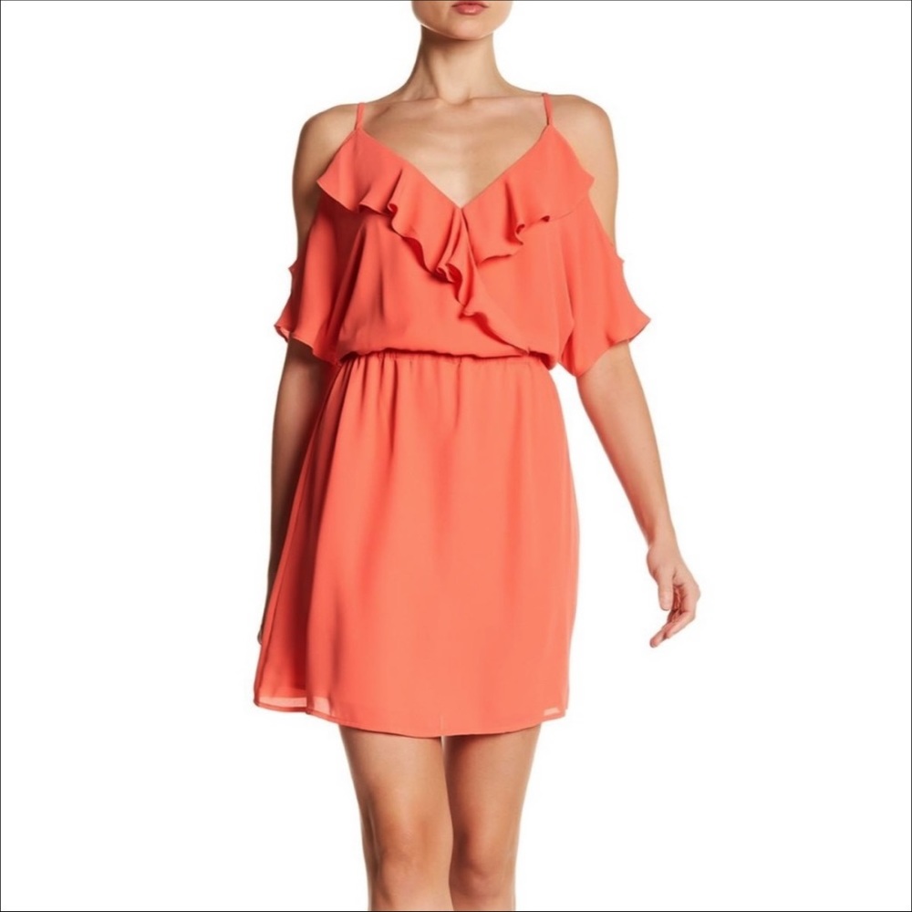 NWT Charles Henry Ruffle Cold Shoulder Mini Dress Coral